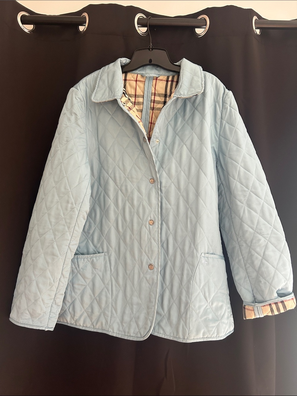 Burberry Light Blue Quilted Puffer Jacket with Plaid Lining